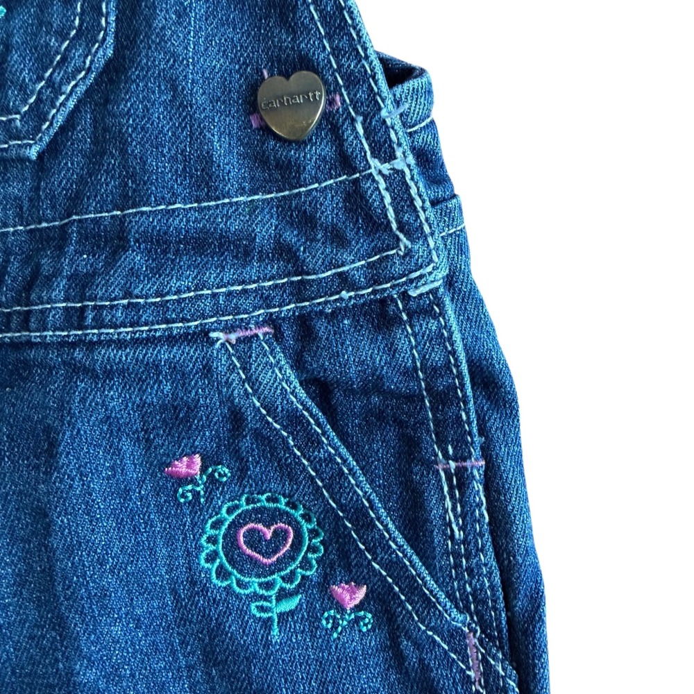 Carhartt Baby Girls Denim Overalls Flower Embroidery 12 Months - Picture 2 of 10